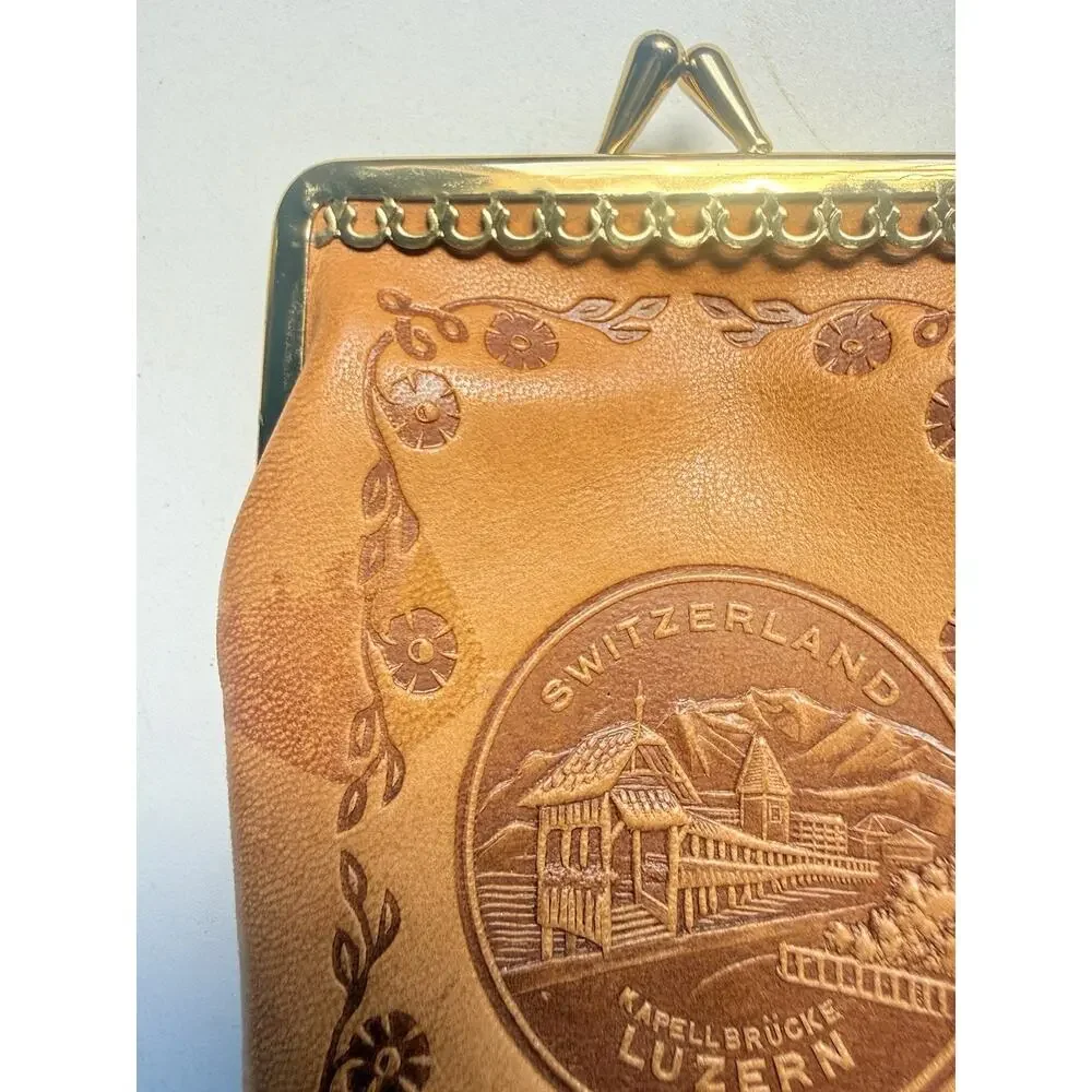 Vintage Leather Tobacco Pouch Cigarette Case Coin Purse Tooled Kiss Lock Swiss